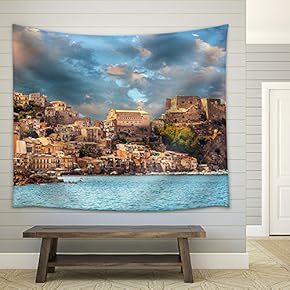 Scilla, Castle on The Rock in Calabria During Sunset, Italy - Fabric Wall Tapestry Home Decor - 51x60 inches