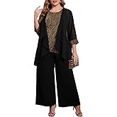 ZOMVA Plus Size 3 Piece Formal Pantsuit Sparkly Chiffon Jacket Set Dressy Outfit Mother of The Bride Groom Wedding Cocktail