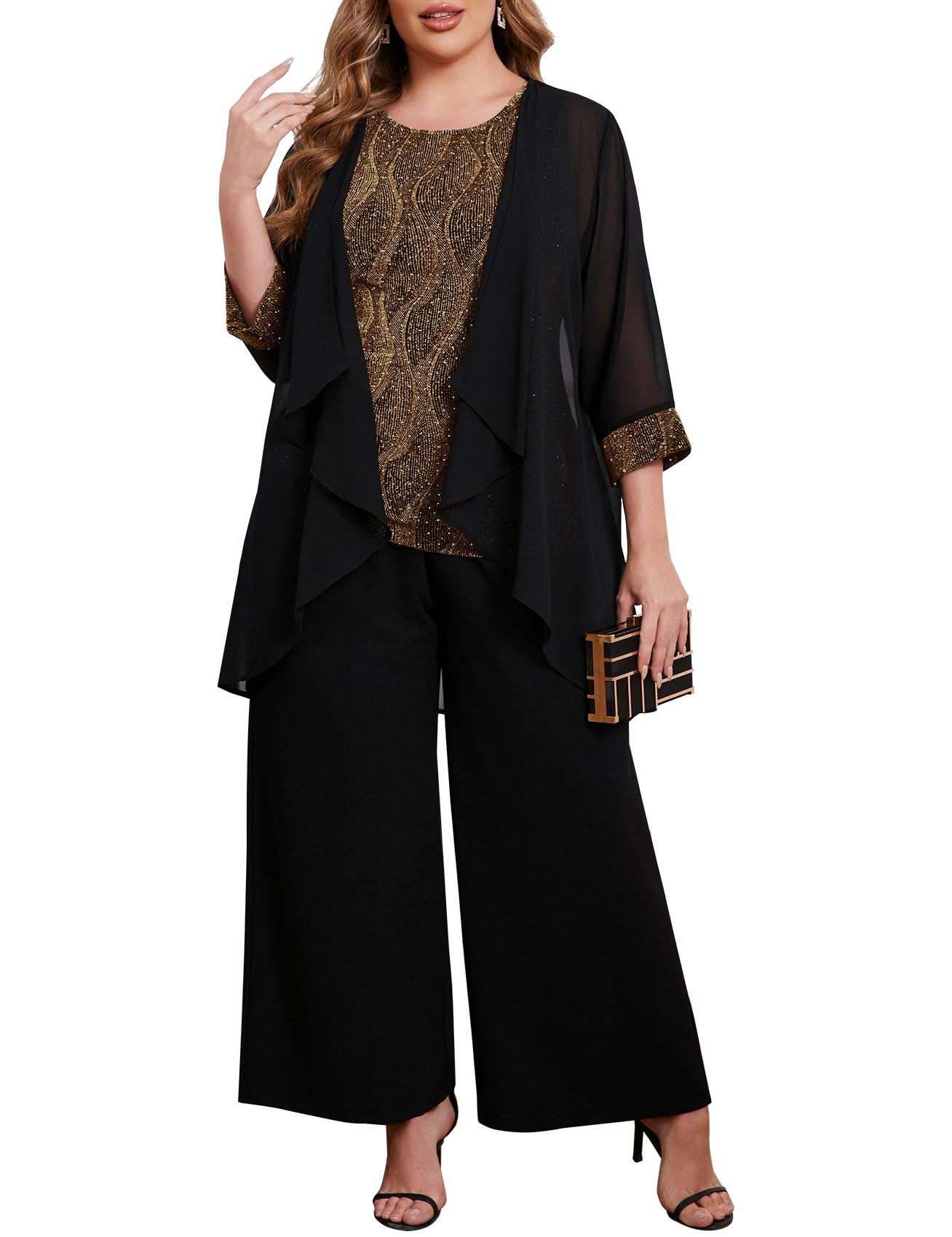 Photo 1 of *MISSING PARTS - see clerk notes*
ZOMVA Plus Size 3 Piece Formal Pantsuit Sparkly Chiffon Jacket Set Dressy Outfit Mother of The Bride Groom, Gold & Black, 2X