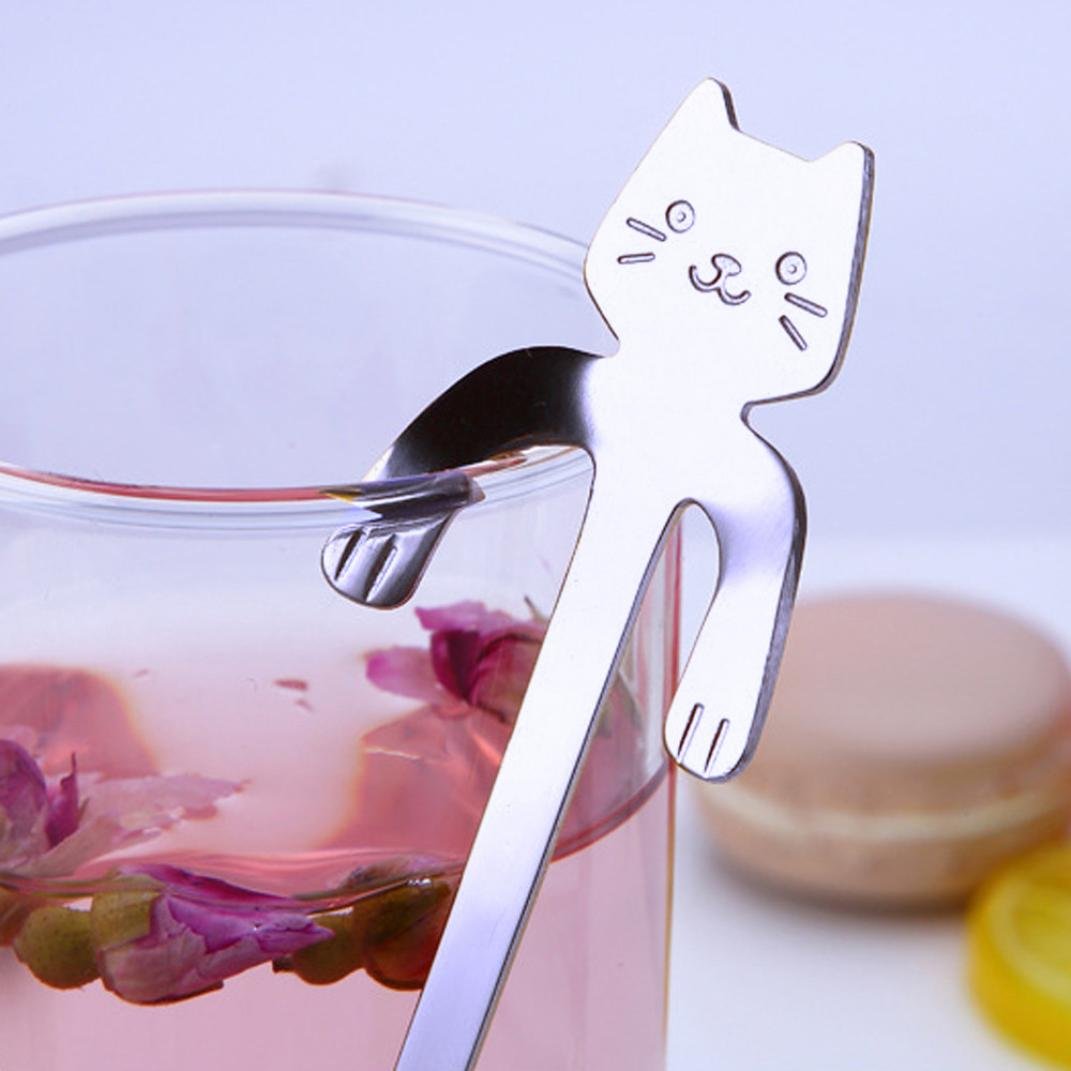 シルバー 16cm zttoneスプーン、かわいい猫スプーン長いハンドル 