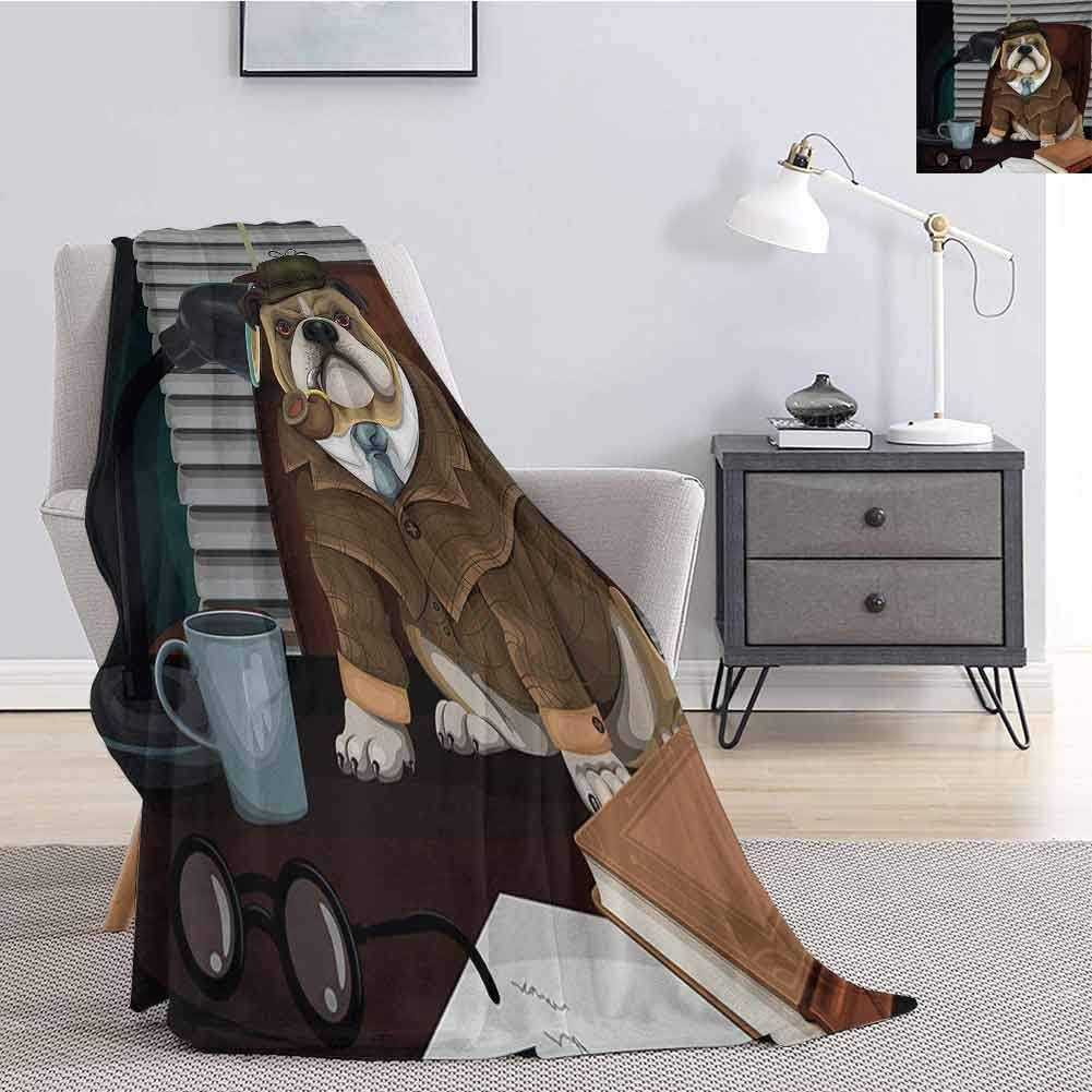 Luoiaax English Bulldog Comfortable Large Blanket Traditional English Detective Dog with a Pipe and Hat Sherlock Holmes Image Microfiber Blanket Bed Sofa or Travel W80 x L60 Inch Multicolor