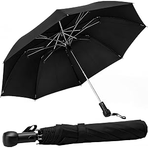 Compact Folding Umbrella Windproof Automatic Open Travel Rain Umbrella | Windproof 8-rib frame,42 inch canopy,auto open,black