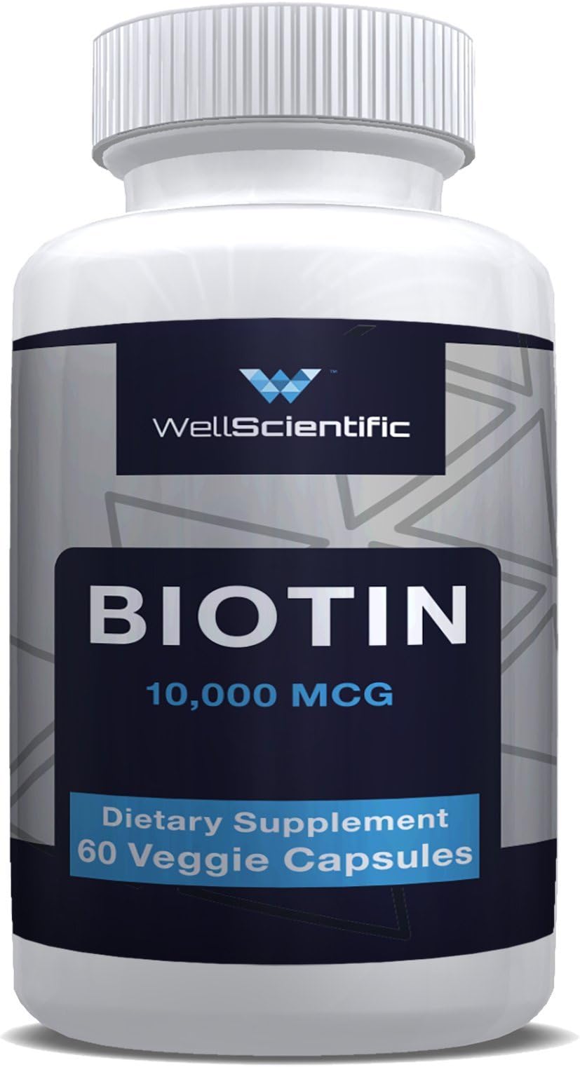 WellScientific Biotin 10,000 mcg - Dietary Supplement (60 Veggie Caps) with Calcium Vitamin B Complex - Promotes Hair Growth and Healthy Skin and Nails