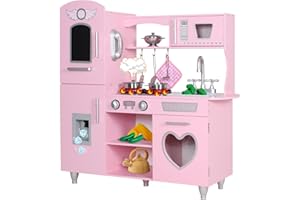 TaoHFE LED Upgrade Kitchen Set for Kids Wooden Play Kitchen LED Gas Tray with Sound Toy Kitchen Sets for Girls Gift Enjoy Cooking with Lights and Sounds Pink Kitchen for Toddlers Kids Kitchen Playset