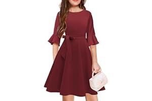 WIFFGO Girls Bell Sleeve Dresses Belt Formal Fit Knee High Modest Big Kids Midi Cap Shoulder Teen Dresses for Girls