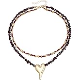 NIQIPOK Punk Heart Layered Choker Beaded Necklace Y2k Red Irregular Heart Pendant Dainty Choker Necklace for Women Jewelry Gift