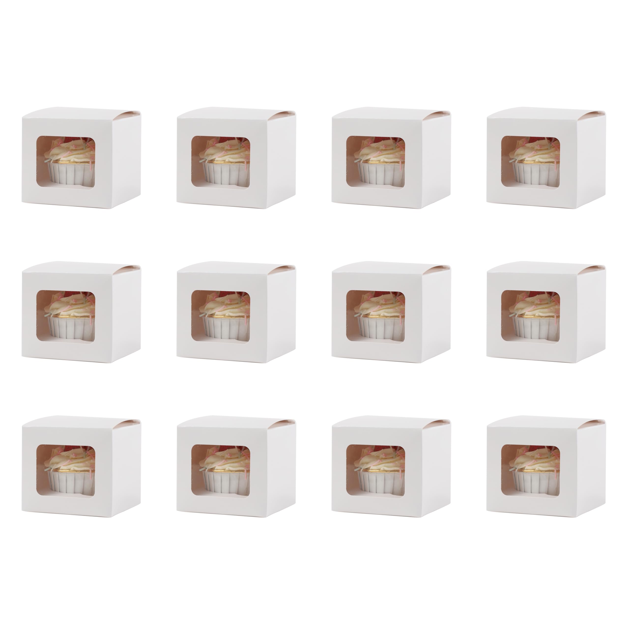 Komonee 12 x Cupcake Boxes Individual White Single Fairy Cup Cake With Clear Window Cardboard Packaging Box Baking Kids Muffins Cookies Brownies Christmas Bake Weddings