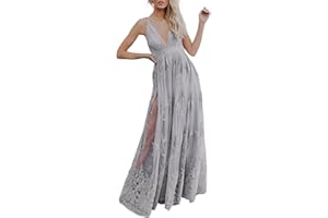 Dokotoo Womens Formal Dresses Deep V-Neck Embroidered Lace Mesh Evening Party Prom Dress Long Wedding Dress