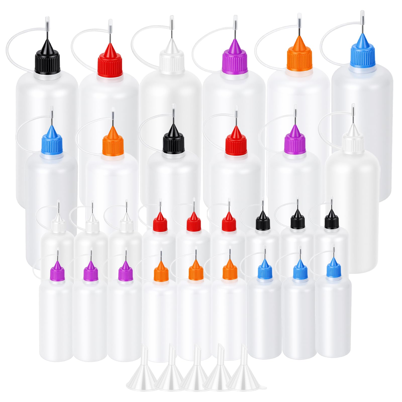 Goodma 30 Pcs Mixed Sized Precision Tip Applicator Bottles with Multicoloured Tips, Comes with 5 Pcs Mini Funnel for DIY Quilling Craft, Acrylic Painting, Small Gluing Projects, Oiler Bottle
