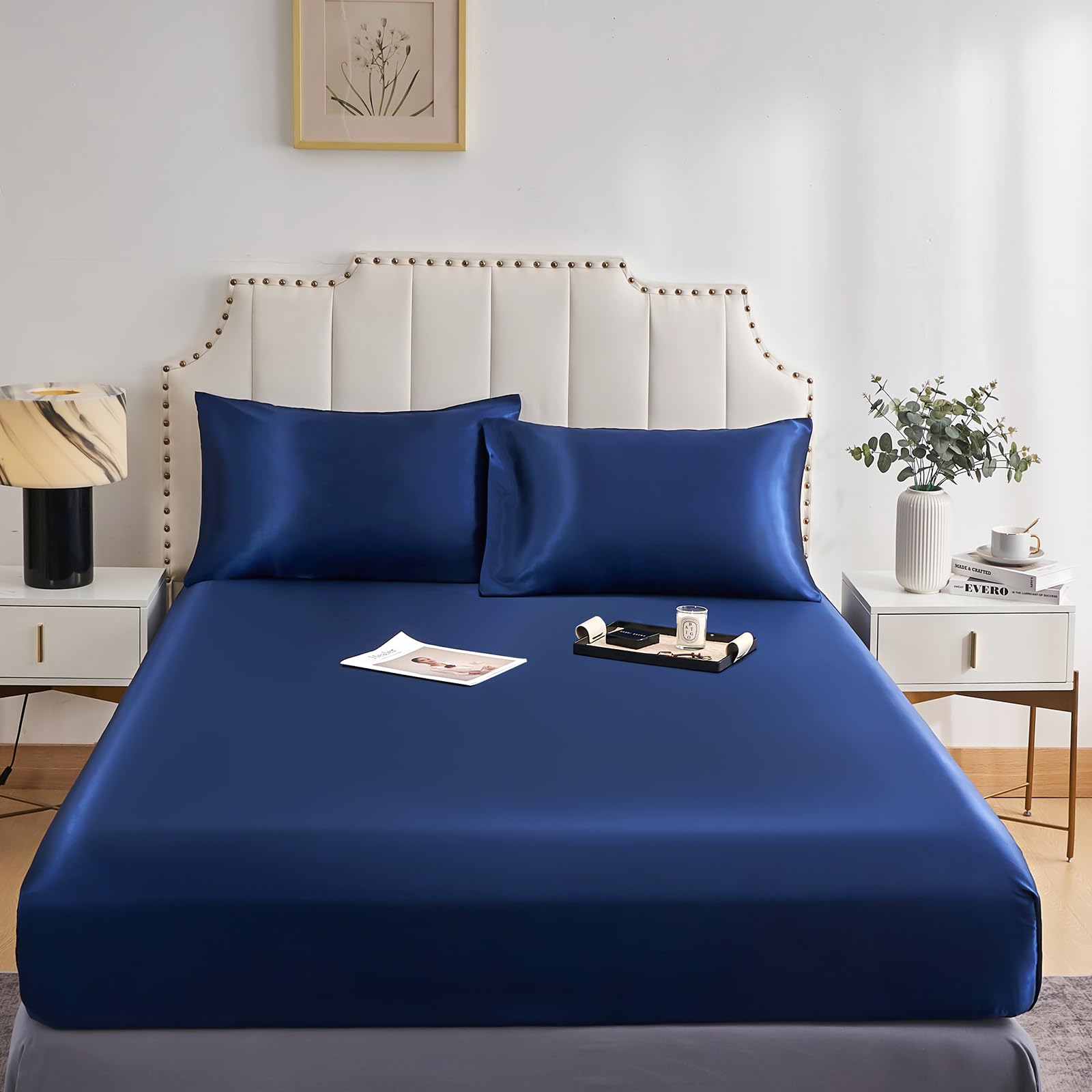 DuShow Fitted Sheet-Deep Pocket Satin Silky Bed Sheet,Breathable Soft and Comfortable-Wrinkle,Fade,Satin and Abrasion Resistant(Double,Navy Blue)