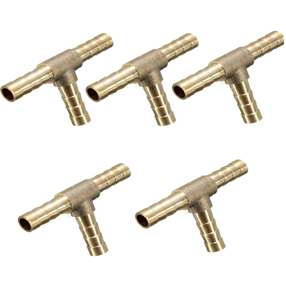 Ginode 5Pack Brass Hose Barb Tee, 1/4" Hose ID Barbed, 3-Way Tee Brass Fuel Hose Fitting, Coupler Adapter for Fuel Gas Water