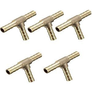 Ginode 5Pack Brass Hose Barb Tee, 1/4" Hose ID Barbed, 3-Way Tee Brass Fuel Hose Fitting, Coupler Adapter for Fuel Gas Water