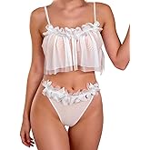 Knotica Women's Lingerie 2 Piece Set, Sheer Mesh Bra & Thong with Lace Appliques, See-Through Chemise with Ruffle Trim