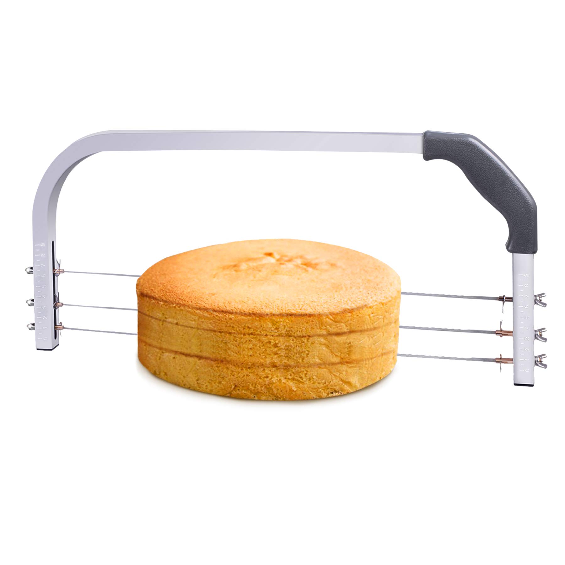 Bonviee Adjustable Cake Leveler Professional Layer Slicer Cutter 3 Blades Stainless Steel Cut Saw with 2pcs Plastic Scrapers for Baking Tools, Aluminum, Gray