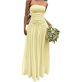 Milumia Women's Strapless A Line Bandeau Maxi Dress Summer Casual Ruched Long Dresses