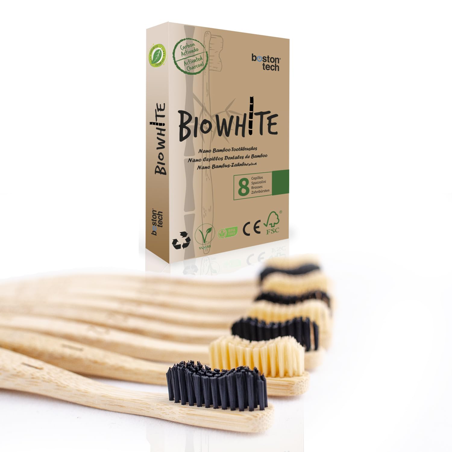 Biowhite Bamboo Toothbrushes, Soft Bristle Brushes, BPA Free and Activated Carbon Set of Natural and Ecological, Biodegradable and Compostable Bamboo Toothbrushes (4)