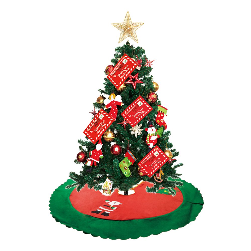 Christmas Xmas Tree Skirt, Plus Red Green Felt Fabric Tree Decor with Gold Trim 36 inches Large Festival Decoration for Merry Christmas Party Christmas Gift Giving & 2 Tree Pendant Ornaments