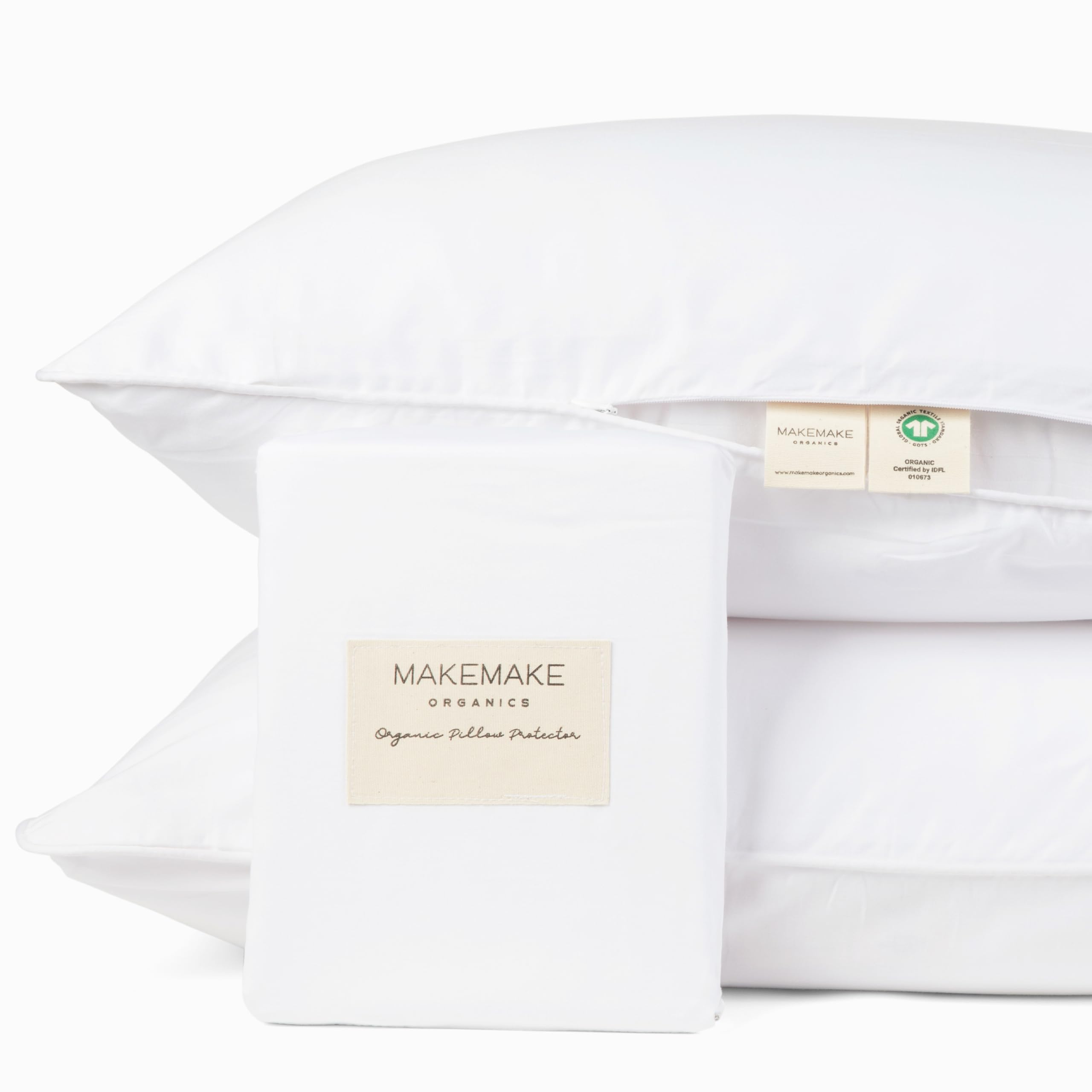 Makemake Organics Organic Pillow Protector (Set of 2) GOTS Certified Organic Cotton Pillow Protectors Natural Breathable Barrier Standard Pillow (21x26, Bright White)