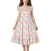 WELAKEN Girls Sleeveless Elastic Straps Summer Dress - Ruffle Hem Flowy Sundress