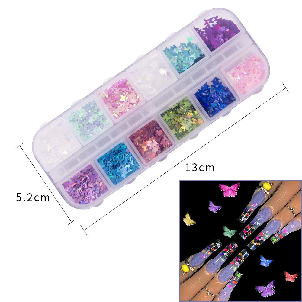 24 Color/Set 3D Butterfly Nail Glitter Sequins, Kalolary Laser Butterfly Nail Sequin Flake Acrylic Manicure Paillettes Face Body Lip Glitters for Nail Art Decoration & DIY Crafting: Beauty