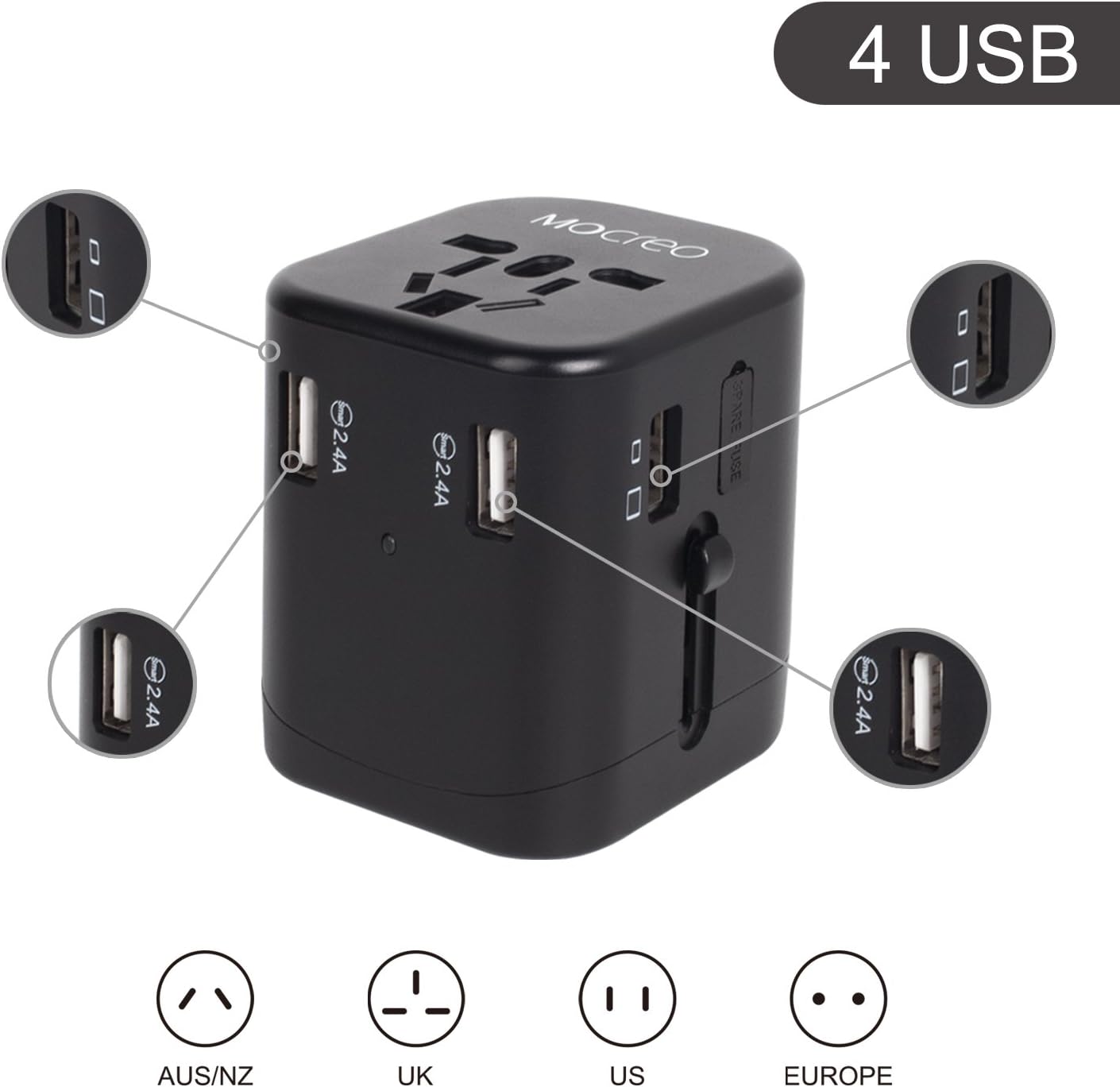 Universal Worldwide Travel Power Adapter with 4 USB Port, MOCREO USB Wall Charge (Black-4 USB)