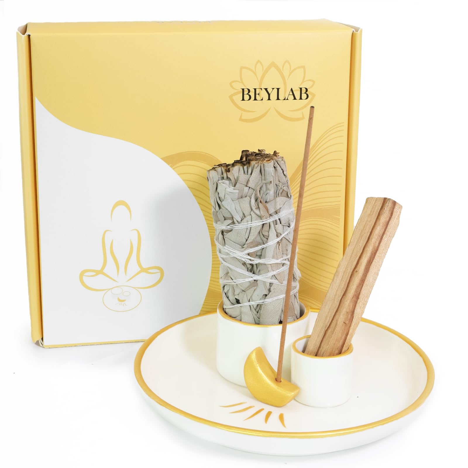 BEYLAB 4 in 1 Incense Burner Holder moon, Palo Santo Holder, Sage Holder for Burning, Incense Holder for Sticks, Smudge bowl, 5.9 inches Ceramic Ash Catcher Tray for Meditation Yoga Room (moon)