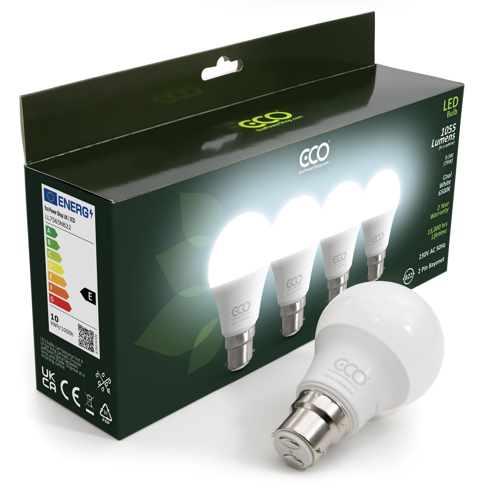 ECO 2 pin B22 Bayonet Light Bulbs, Energy Saving 9.5W LED, 1055 Lumens, 75W Equivalent, Frosted, Cool White Daylight 6500K, 15,000Hrs Lifetime. (Cool White 6500K, 4 x LED Bulb Multi Pack)