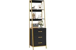 HITHOS Black Gold 4-Tier Bookshelf, Tall Bookcase with 3 Wooden Drawers, Modern Ladder Book Shlef Storage Organizer for Living Room, Entryway, Office