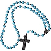 IHM Imports Sine Cera Turquoise/Jujube Wood 5 Decade Catholic Rosary, Laser Engraved Crucifix/Double-sided Centerpiece, Smooth 8mm Beads