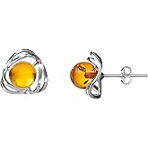 Baltic Round Amber Sterling Silver Flower Ball Earrings for Women