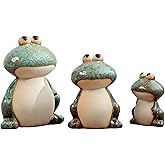 Frog Statues for Garden, Ceramic Frog Garden Decor for Outside, Cute Outdoor Yard Decorations Set of 3, Yard Decorations Gifts for Women, Mom, Grandma, Family and Friends (Green)