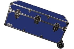 C&N Footlockers - Full-Size Happy Camper Trunk w/Wheels - #1 Summer Camp Trunk - Made in the USA - Steel Footlocker with Lid Stay - 32 x 18 x 13.5 Inches (Royal Blue)