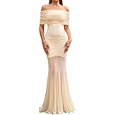 HTZMO Women Sexy Off Shoulder Bodycon Maxi Dress Strapless Ruched Wedding Guest Formal Party Long Dresses