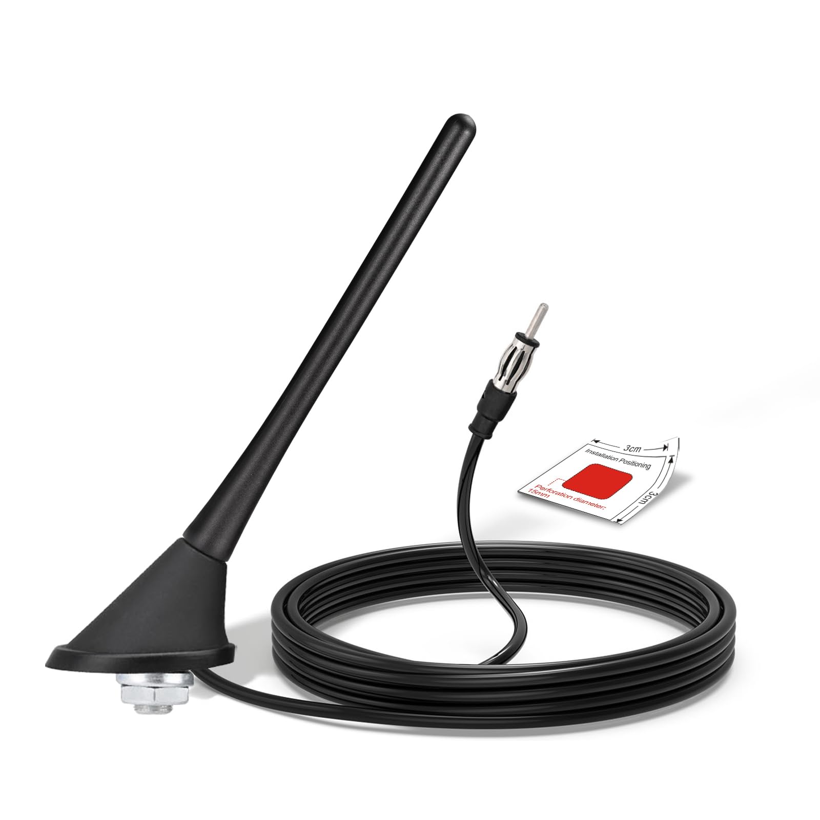 Bingfu Car FM Radio Antenna, 22cm Universal Roof Mount FM/AM Antenna with Mounting Base, 5Meter Cable, DIN Plug Connector for Car, Truck, SUV Stereo Head Unit Receiver