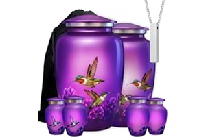 AMERICURN Set of 6 Hummingbird Decorative Funeral Urns for Ashes for Women & Men Includes 1 Large Urn with 4 Small Keepsakes & 1 Necklace for Ashes