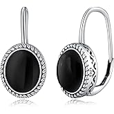 Natural Black Onyx Leverback Earrings 925 Sterling Silver Vintage 10-11MM Genuine Black Agate Gemstone Earrings Jewelry for Women
