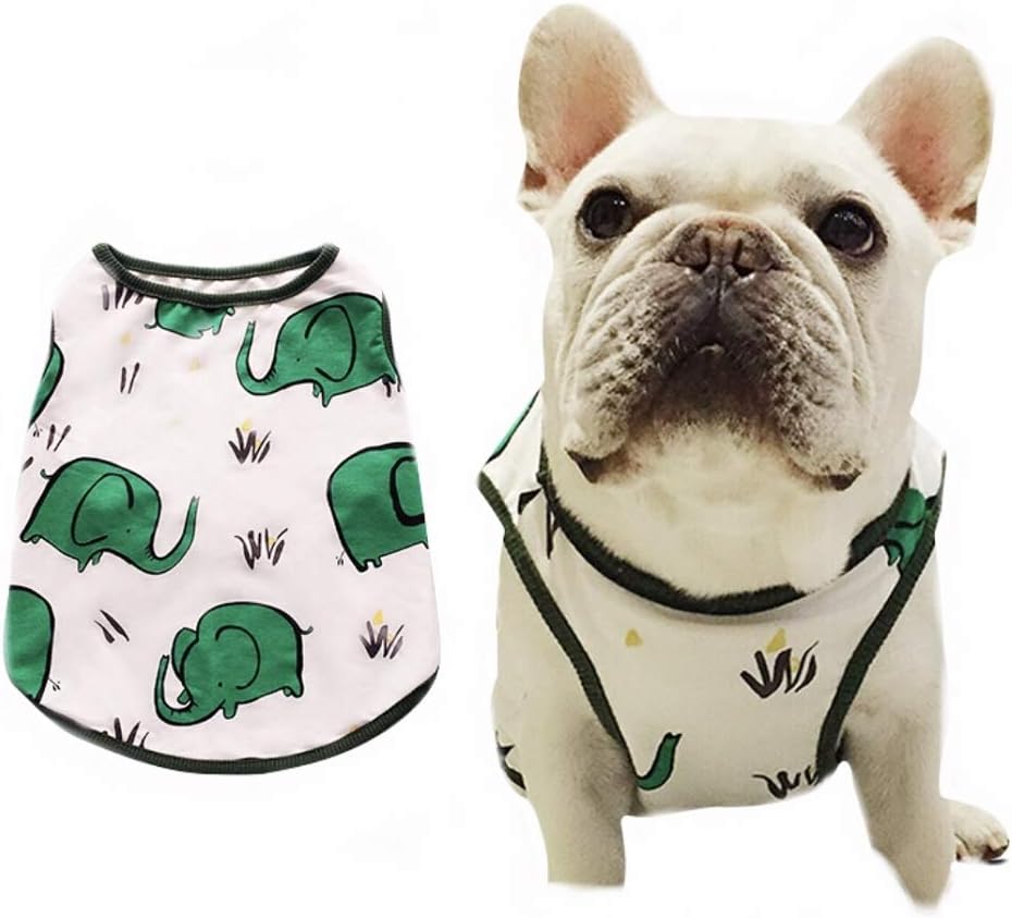 Stock Show Pet Dog Summer Vest, Cute Teddy French Bulldog Dog 100% Cotton Fashion T-Shirt Breathable Sleeveless Summer Dog Clothes for Small Medium Dog (Back Lenght - 35CM/13.8", Elephant in Green)