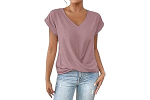 QESULK Womens Summer Tops V Neck Casual Twist Front Blouses Short Sleeve Tshirts Loose Fit Tunic Top Trendy Clothes Basic Tee
