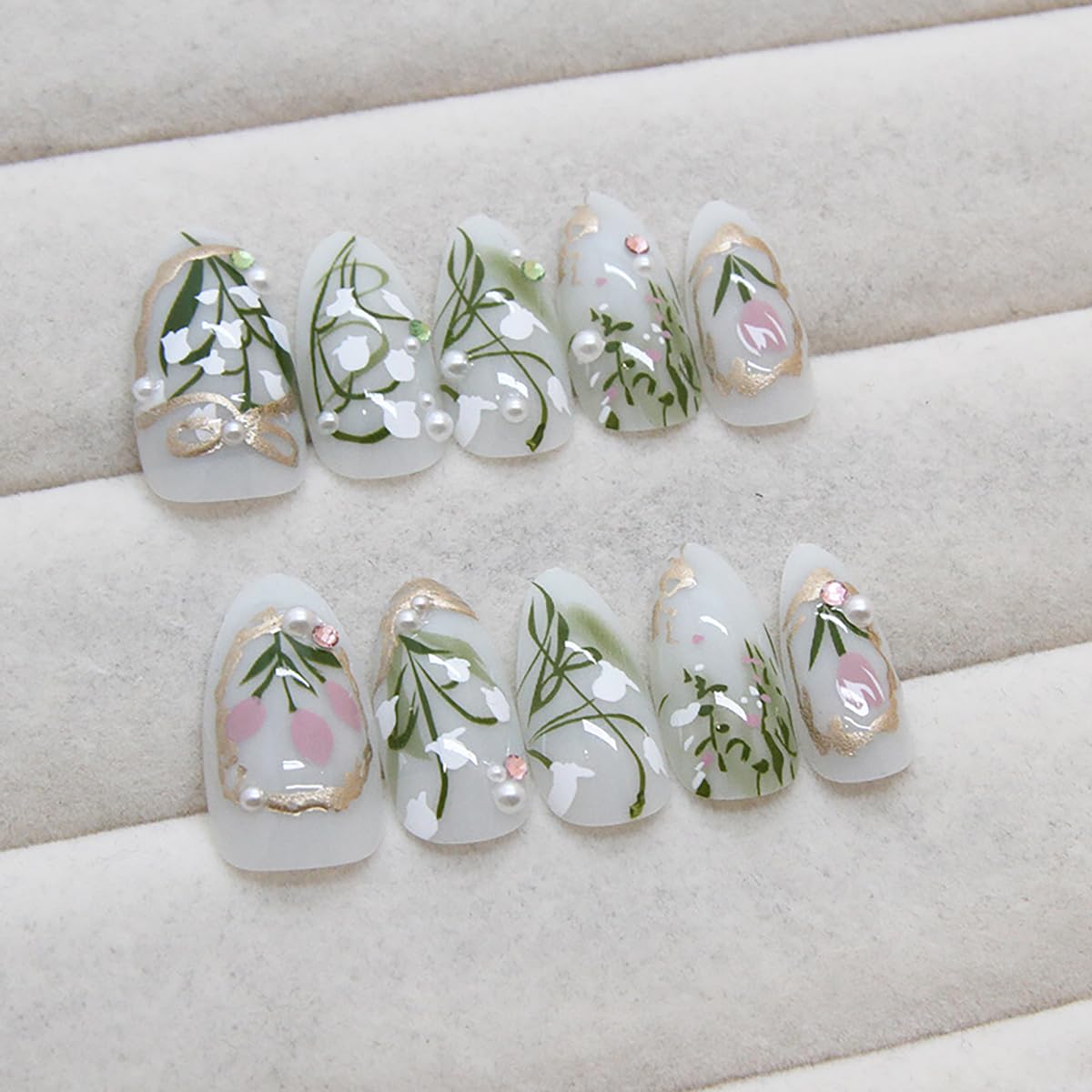 24Pcs Flower Press on Nails Medium Almond Fake Nails Tulip Orchid Design Artificial Acrylic Nails with 3D Rhinestones Pearl False Nails White Floral Glue on Nails Spring Stick on Nails Kit for Women - Image 7