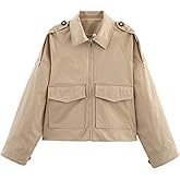 Wanzetaly Women's Cropped Trench Coat Casual Zip Up Jacket Work Jackets with Pockets Outerwear