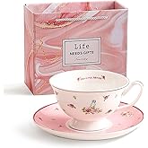 fanquare Cute Ceramic Cups with Pink Saucer, 6oz Rose Rabbit Coffee Mug, Single Elegant Tea Cup Set for Women Gift