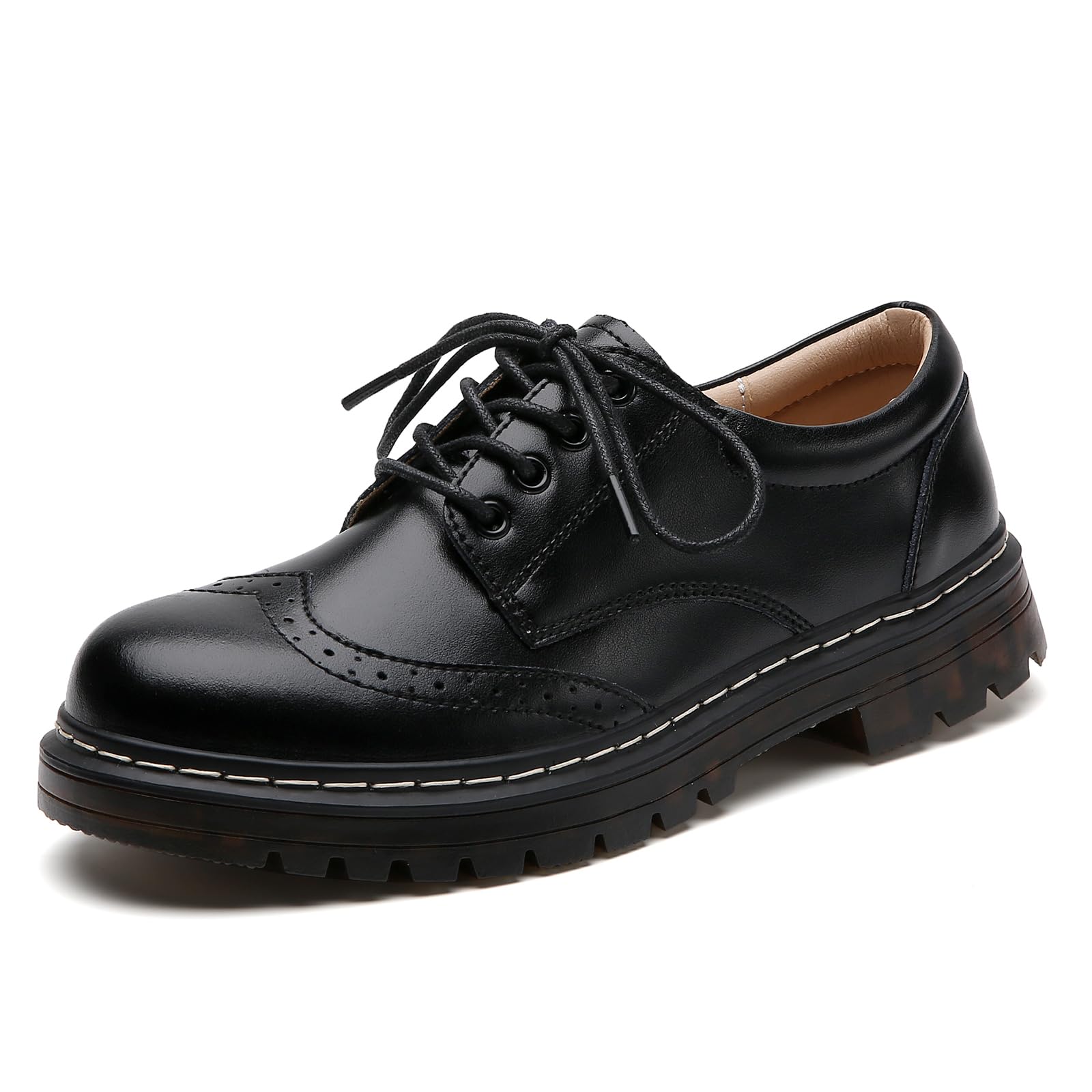 Photo 1 of (10) (MINOR DAMAGE) Women Perforated Wingtis Brogue Oxfords Cozy Round Toe Lace-up Low Heel Shoes Comfy Office Saddle Shoe for Ladies Girls Black US 10