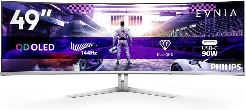 Evnia 49M2C8900LA 49 zoll Curved, DQHD USB Hub Gaming Monitor, 144Hz, QD-OLED Panel, 0.03ms GtG, HDR400 TB, FreeSync Prem.Pro, Höhenverstellung,Lautsprecher(5120x1440 HDMI 2x 2.0 DP1x 1.4)Grau