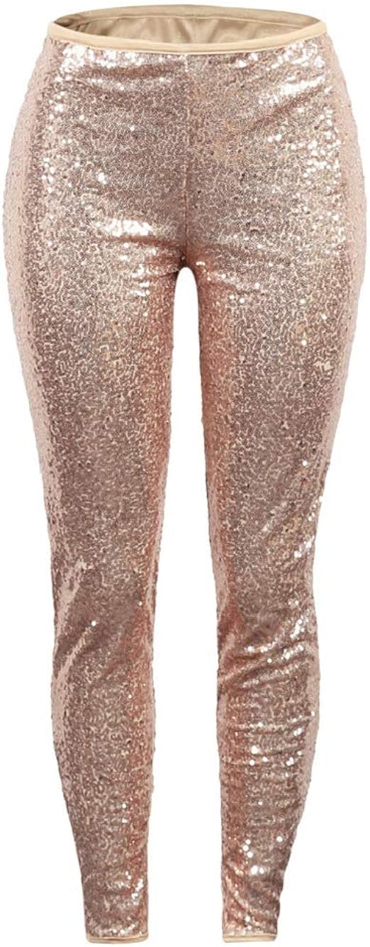 Comaba Womens Sequin Glitter Trousers Shiner Tights Leggings Slim Fit Pants Aprico XL at Amazon 