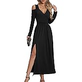 Tehoao Women Long Sleeve Maxi Dress with Slit Deep V Neck Cold Shoulder Casual Dresses for Women Club Party Dress
