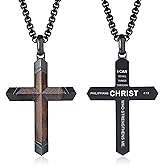 FLHEART Wooden Cross Bible Verse Necklace for Men, Hawaiian Handmade Real Black Ebony Wood Cross Pendant Stainless Steel Chain, Mens Cross Necklaces Koa Wood Jewelry Christian Baptism Easter Gifts