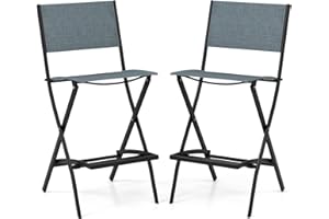COSTWAY Outdoor Patio Bar Chair Set of 2, Folding Bar Height Stool with Metal Frame & Footrest, Patio Bar Stool for Balcony, Garden & Poolside (2, Blue)