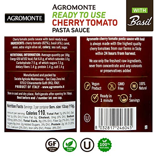 Agromonte Authentic Italian Cherry Tomato Pasta Sauce with Basil - Taste of Italy Gourmet Foodie and Chef Gift - Ready to Use, Certified Kosher, Gluten-Free, All Natural 11.64oz (2 pack)