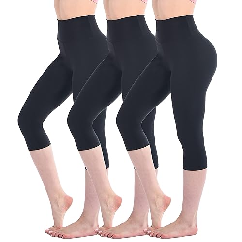 Walifrey Cropped Leggings for Women, High Waisted 3/4 Length Leggings for Workout Gym Sports Black SM 3 Pack