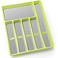 Joequality Silverware Organizer with Icons，Plastic Cutlery silverware Tray for Drawer，Utensil Tableware Flatware Organizer for Kitchen with Non-slip TPR,Fits Oversized Drawer,6-Compartment,Green